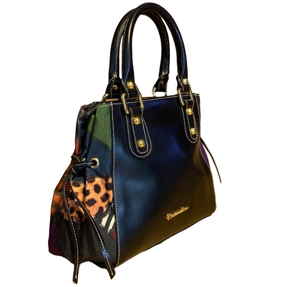 BRACCIALINI BLACK LEATHER SHOULDER BAG W/MULTI COLOR FABRIC SIDES - Picture 2 of 13